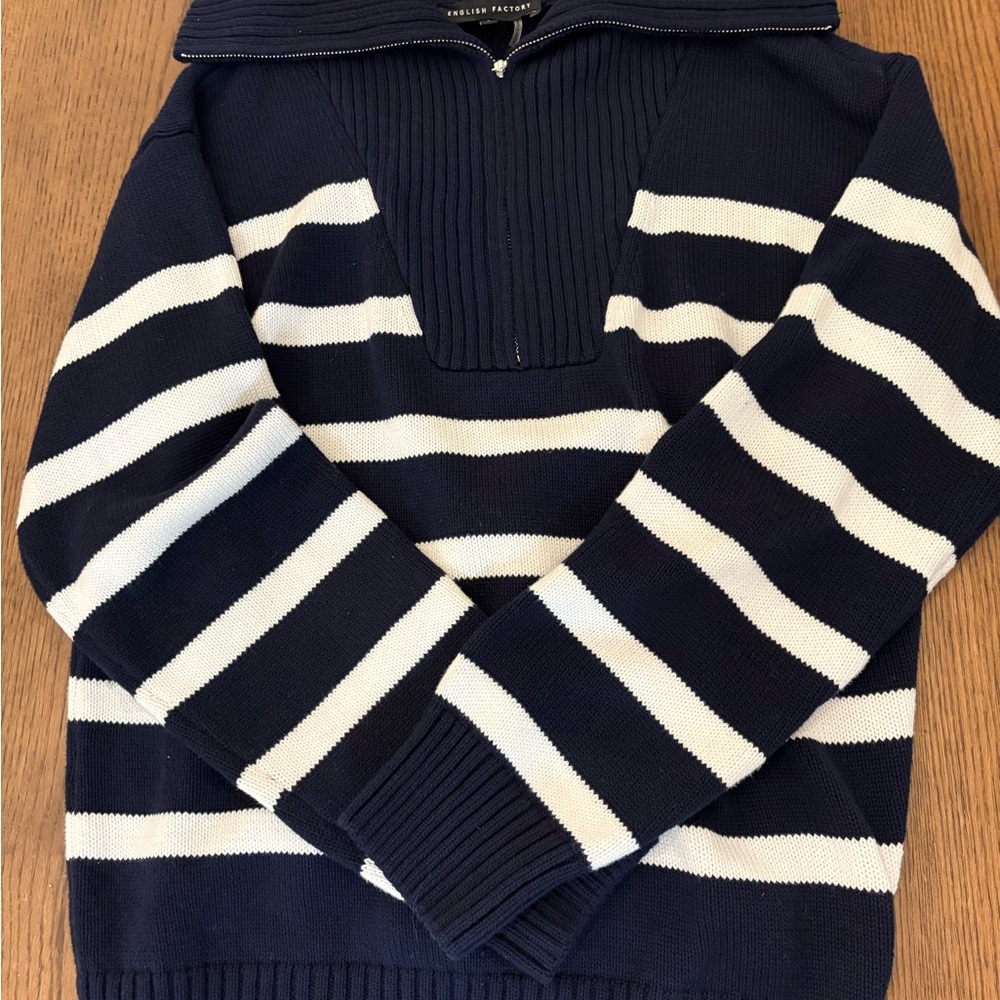 English Factory Men's Navy and White Zip-Up Sweater